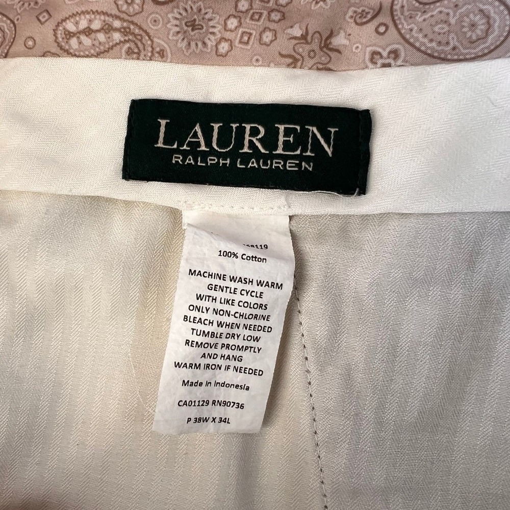 Lauren Ralph Lauren Mens 38x34 Khaki Chino Pants Flat Front Cotton Tan Trousers - Picture 3 of 7